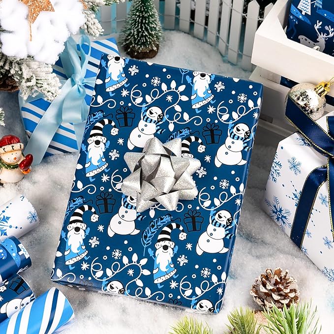 MAYPLUSS Christmas Wrapping Paper Jumbo Rolls - 30IN X 120IN - 4 Roll - Christmas Tree Reindeer Snowman Stripe for New Year Holiday Party Kids