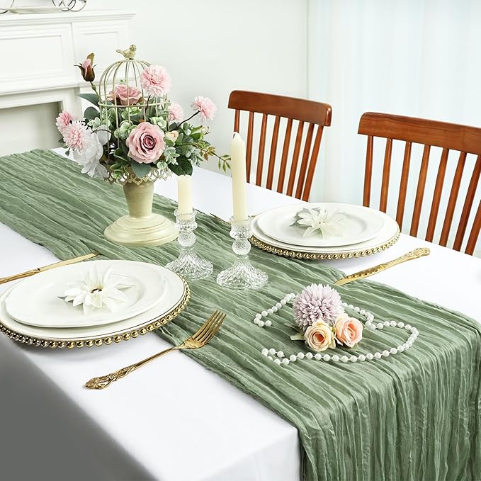 12 Pack Sage Green Cheesecloth Table Runner 10FT Boho Cheese Cloths Gauze Fabric Table Runners 120 Inch Rustic Sheer for Wedding Birthday Party Baby Shower Centerpiece Home Decorations