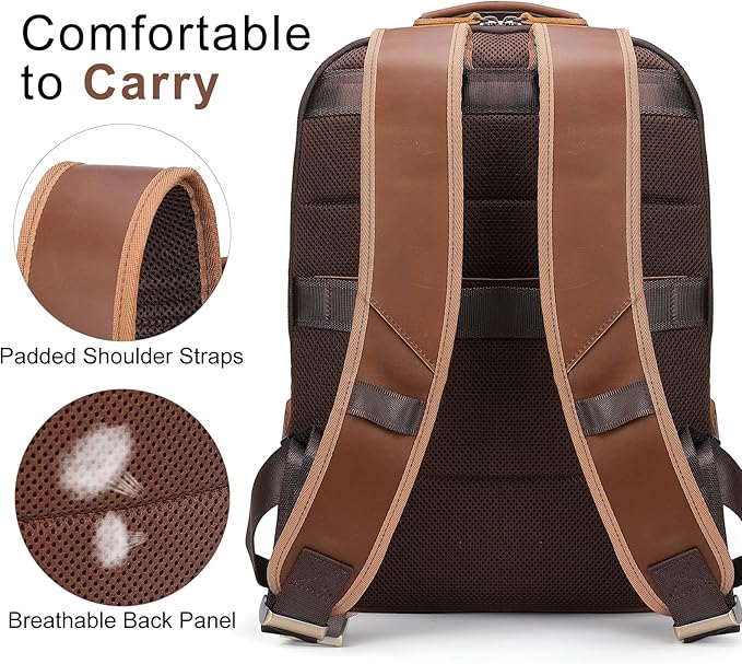 TIDING Brown Leather Travel Backpack for Men, Vintage 16 Inch Laptop Casual Daypack Business Camping Overnight Rucksack