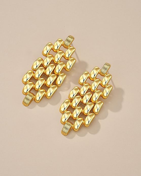 18K Gold Plated Chunky Statement Earrings for Women by SNGIA, Bold Drop Dangle Chain Link Rope Ribbed Barcelet Patterned Interlcok Rib Shape Drop Earrings, Handmade Exaggerated Irregular Vintage Boho Accessories, Unique Bohemian Trendy Fashion Thick Ov...