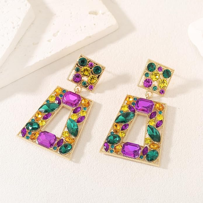 Rhinestone Rectangle Statement Earrings Colorful Crystal Geometric Drop Dangle Earrings for Women Prom Party