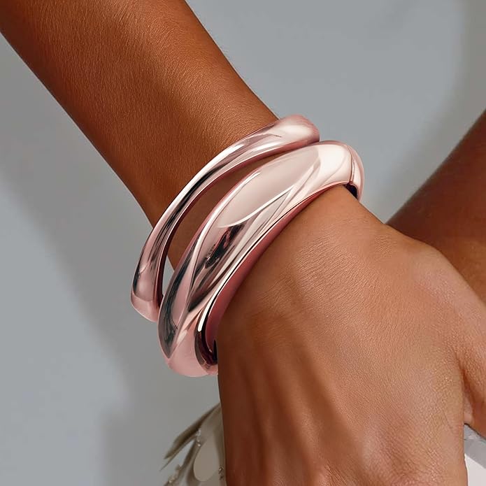 Chunky S925 Sterling Silver Plated Bangle Bracelets Stack for Women, Thick Statement Silver Plated Stackable Bangle Cuff Bracelets Set,Trendy Big Large Gold Bracelet Stacked Fashion Jewelry Gifts Non Tarnish