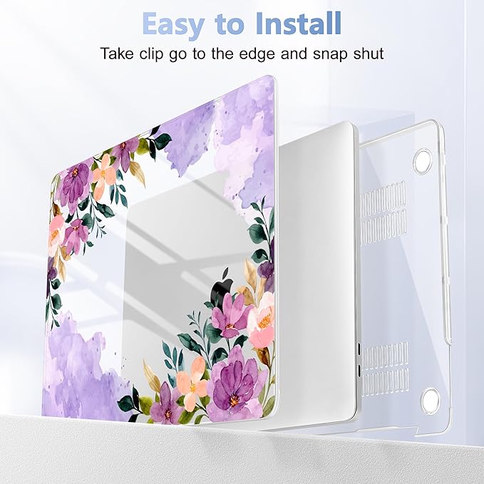 Case for MacBook Pro 13 inch with/Without Touch Bar (2016-2022, M2 A2338 M1 A2289 A2251 A2159 A1989 A1706 A1708), Hard Shell + Keyboard Cover + Dust Plug - Purple Flower