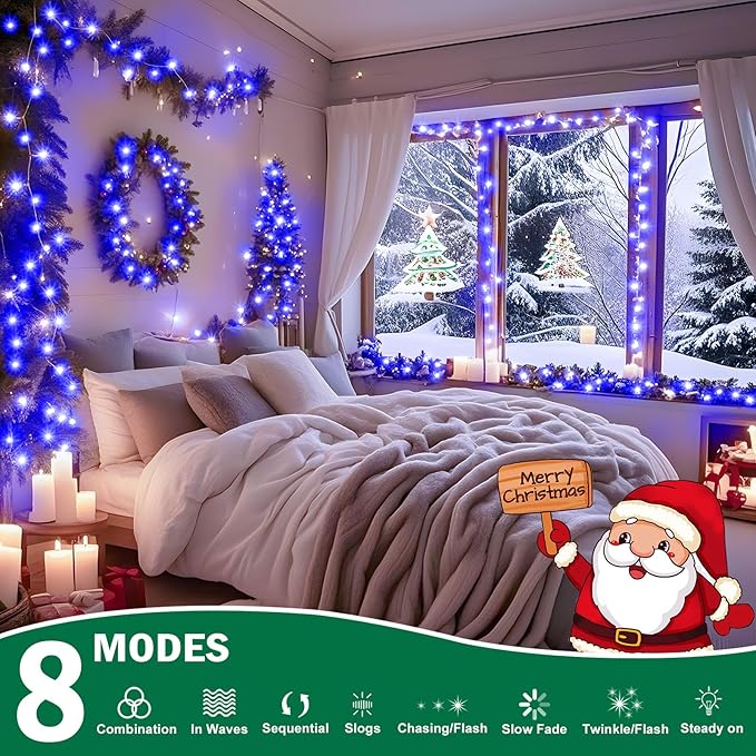 SAUIRS 197FT 500 LED Christmas Lights Outdoor String Lights with 8 Modes Timer Waterproof Fairy Light Plug in for Outside Indoor Party Xmas Palm Tree Yard Wedding Decorations(Blue)