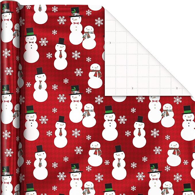 Hallmark Foil Christmas Wrapping Paper with Cut Lines on Reverse (3 Rolls: 60 sq. ft. ttl) Plaid Snowflakes, Snowmen, Red, Green and Blue Plaid