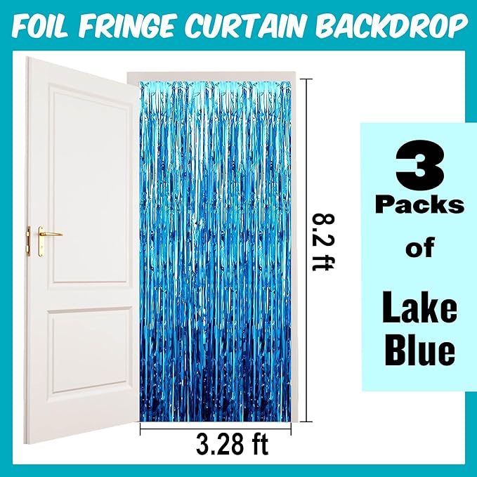 3 Pack Lake Blue Foil Fringe Curtains Backdrop, 3.28 x 8.2 Ft Metallic Streamers Tinsel Curtains Background for Photo Booth, Birthday, Halloween, Christmas, Thanksgiving, New Year Party Decorations