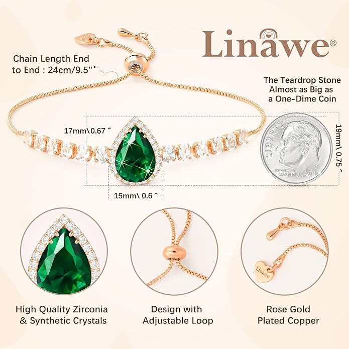 Linawe Crystal Imitation Diamond Rhinestone Charm Bracelets for Women, Gold/Silver/Rose Gold Adjustable Chain Bracelet, Teardrop Birthstone Cubic Zirconia Prom Costume Wedding Jewelry