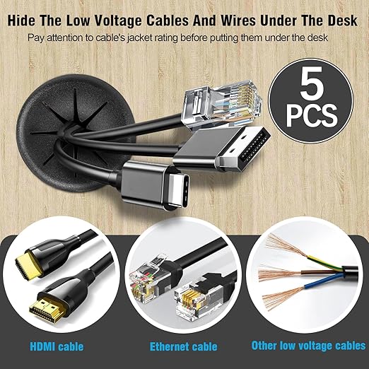 2-3/8" Black Desk Grommet, JTemgle Flexible Cable Grommet Rubber Cable Hole Cover Wire Organizer Caps Desktop Cord Management for Home Office TV Stands Tabletops, 5 Pieces