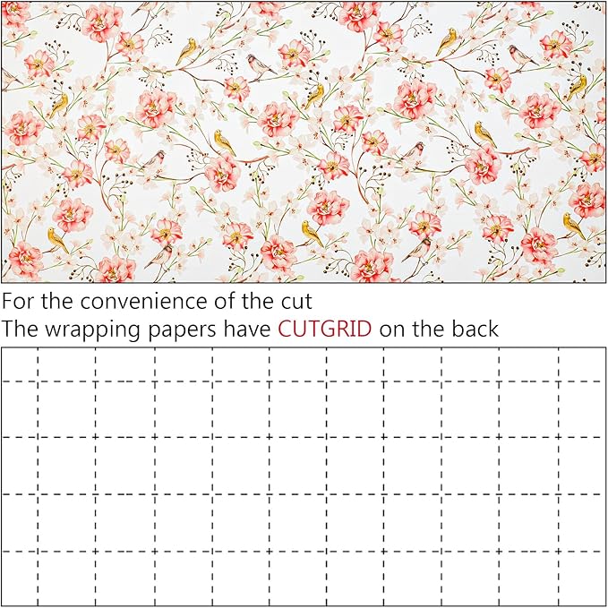 MIMUTI Watercolor Floral Wrapping Paper - Mini Roll - 17 Inch x 33 Feet - Red Gift Wrap with Flower and Bird Design for Girls, Wedding, Mother’s Day, Birthday, Valentine’s Day