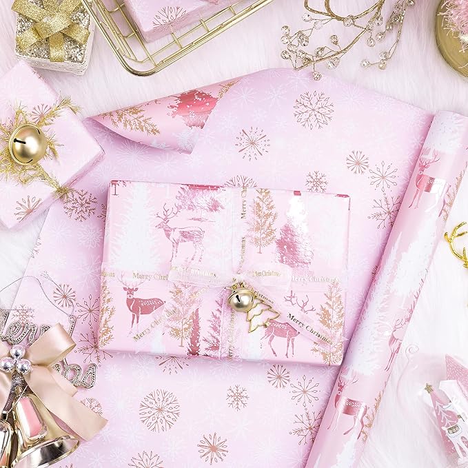 RUSPEPA 30" X 100' Reversible Christmas Wrapping Paper Large Paper Roll, Jumbo Roll, Rose Gold Foil Pink Reindeer and Tree Design, Snowflakes Gift Wrap for Girls, Women, Friends, Xmas Holiday Gifts