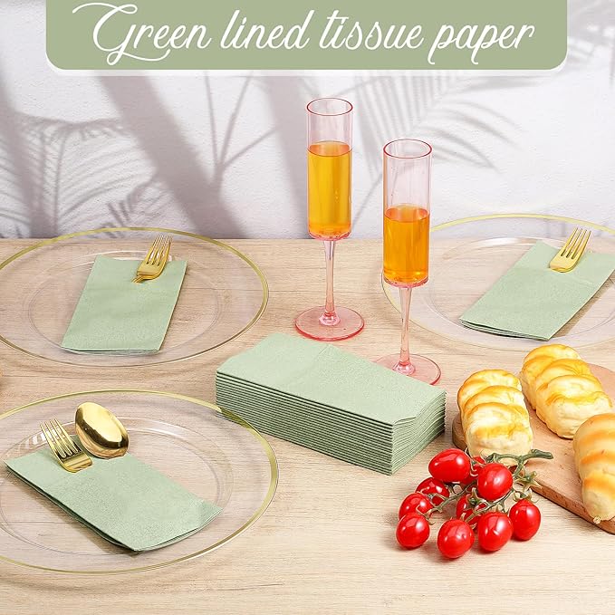 120 Pcs Sage Green Linen Feel Napkins with Pocket, 2 Ply Sage Green Wedding Napkins, Decorative Dinner Napkin Paper, Prefolded Paper Disposable Airlaid Guest Hand Towel (16 x 16 inch)