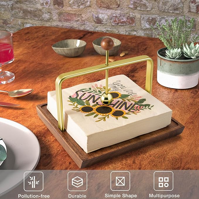 Wood Napkin Holder for Table, Square Tabletop Napkin Dispenser with Sophisticatedly Metal Center Bar, Cocktail Napkin Holder for Home, Kitchen, Office, Restaurant, Hotel, Cafe, Bar