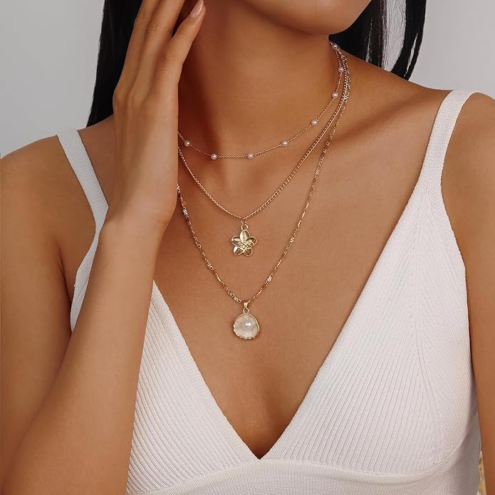Evabelle Gold Layered Necklace for Women Trendy Jewelry 14K Real Gold Plated Chunky Chain Stackable Necklaces Dainty Choker Necklaces Rectangle Square Pendant