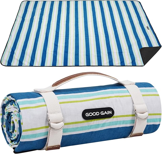 G GOOD GAIN Waterproof Picnic Blanket Portable with Carry Strap for Beach Mat or Family Outdoor Camping Party（Cobalt）