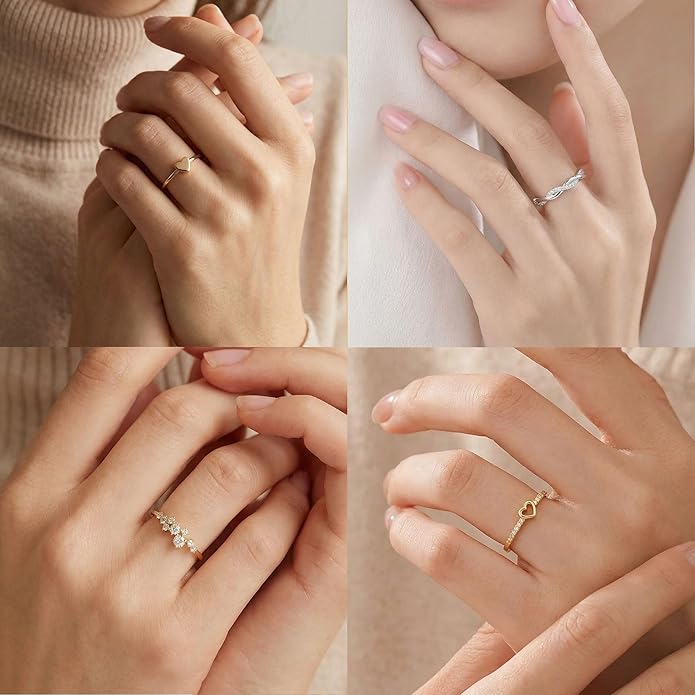PLOMFOV 14K Gold/Silver Plated Stacking Rings Set for Women Non Tarnish CZ Heart Simple Cute Stackable Rings Dainty Trendy Gold Statement Rings Plain Band Size 4-12