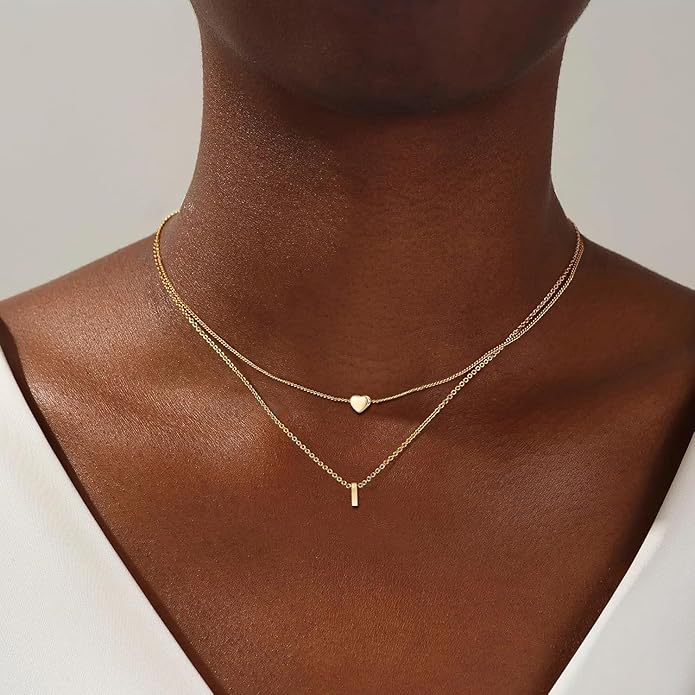 MOMOL 18K Gold Plated Stainless Steel Layered Heart Initial Necklace Personalized Tiny Letter Choker Necklace Monogram Name Necklace for Women