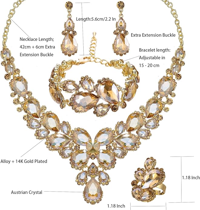 Women's Wedding Bridal Austrian Crystal Glass Teardrop Statement Necklace Dangle Earrings Bracelet Ring Wedding Party Jewelry Set for Bridal Bridesmaid