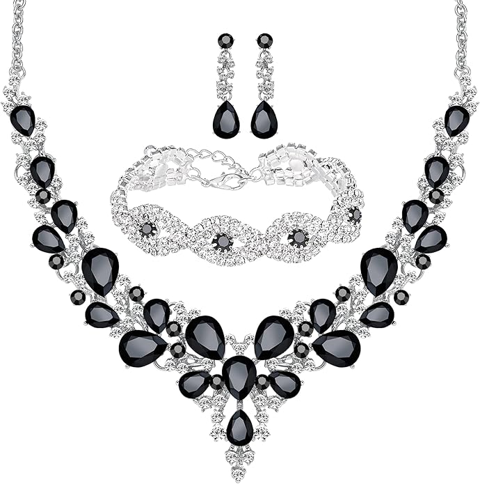 3/4 Pieces Women Jewelry Set Artificial Rhinestone Crystal Bride Statement Choker Necklace Tiara Crown Link Bangle Bracelet Teardrop Dangle Earrings Set