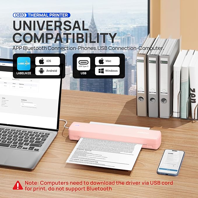 POLONO Portable Printer Wireless for Travel, D810 Bluetooth Thermal Printer Support for 8.5"x11" US Letter, Inkless Compatible with iOS, Android, Laptop for Office, Car and Home with Carry Case, Pink