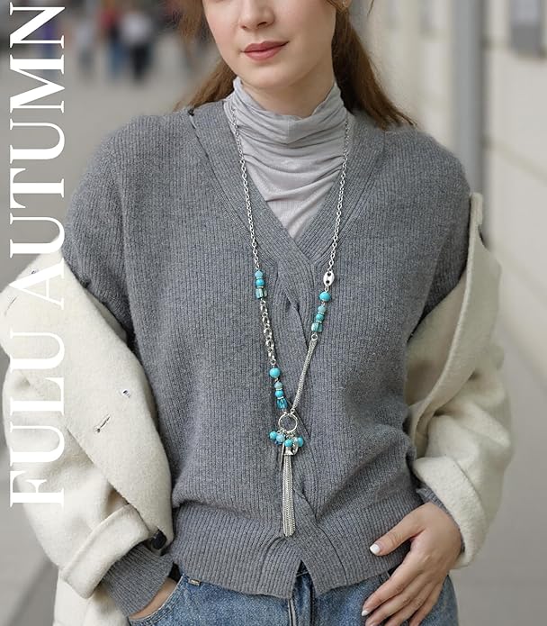 FULU AUTUMN Long Necklaces for Women Trendy Long Chunky Beaded Necklace Boho Fashion Costume Jewelry Mothers Day Gifts for Her