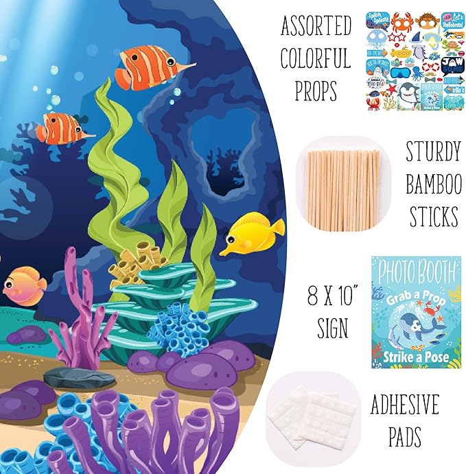 Under The Sea Photo Booth Props - 41-pc Photobooth Kit with 8 x 10-Inch Sign, 60 Adhesive Pads, 45 Sticks - Under The Sea Decorations - Under The Sea Party Decorations