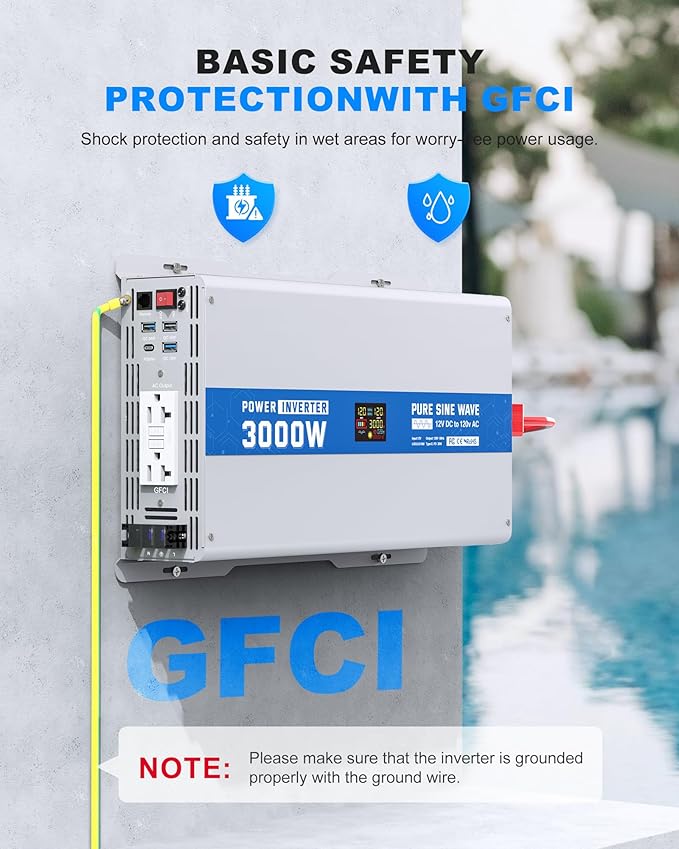 3000W Pure Sine Wave Power Inverter 12V DC to 120V AC Converter 6000 Watt Peak Power Multi-Display Screen with 2 GFCI Outlet 30W USB and 18W Type-C for Car RV Truck Boat Off-Grid, Gray Blue