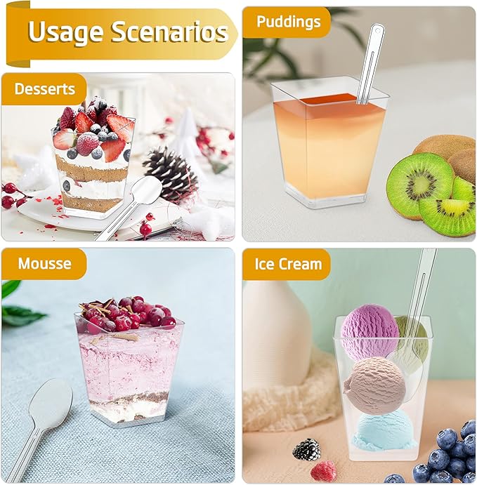 50 Pcs 5 oz Plastic Appetizer Charcuterie Cups with 200 sticks, Clear Dessert Cups with 50 Spoons, Disposable Fruit Parfait Salad Cup for Party