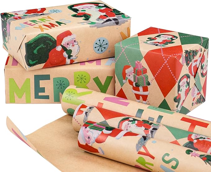 RUSPEPA Christmas Wrapping Paper Roll Set, Mini Rolls, Vintage Santa, Merry Christmas Text and Holiday Scenes Design Gift Wrap for Kids, Adults and Holiday, 3 Rolls, 17 inches x 10 feet per Roll