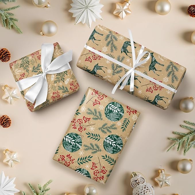 RUSPEPA Christmas Kraft Wrapping Paper Roll - Mini Roll - 17 inches x 10 feet per Roll, Total of 3 Rolls - Berry Leaves and Reindeer