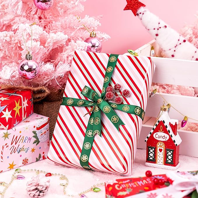 WRAPAHOLIC 30 Inch Christmas Wrapping Paper Roll - Jumbo Roll Red and Pink Santa Claus Cup, Christmas Tree Holiday Design - 4 Rolls - 30 Inch x 120 Inch Per Roll