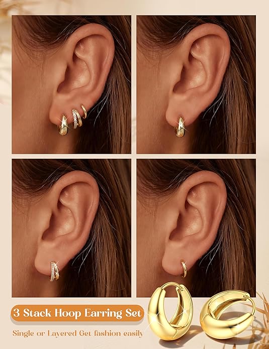 MILACOLATO 3 Pairs Small 14K Gold Plated Hoop Earrings for Women Trendy Hypoallergenic Silver Earring Stacks Huggie Hoops Earring Sets for Multiple Piercing Chunky Double Hoop Jewelry Lightweight