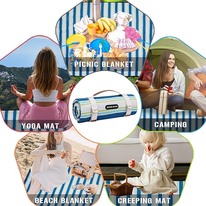 G GOOD GAIN Waterproof Picnic Blanket Portable with Carry Strap for Beach Mat or Family Outdoor Camping Party（Cobalt）