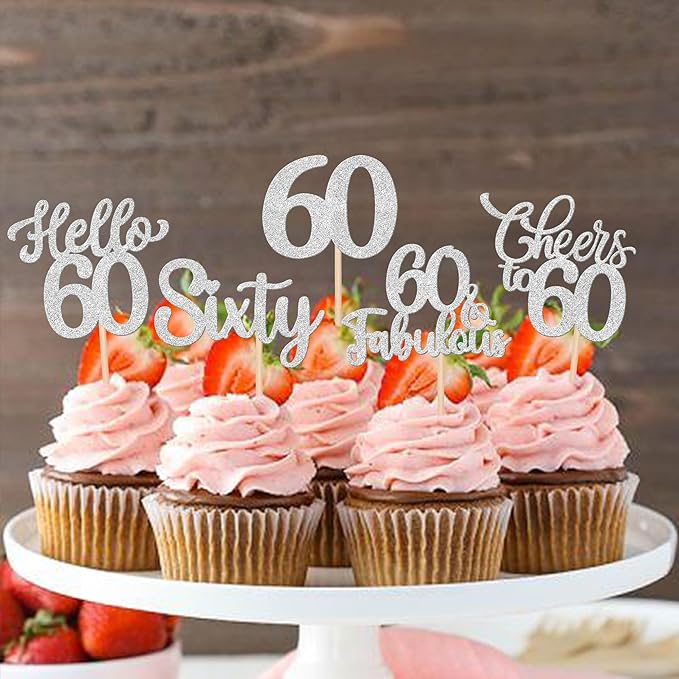 30PCS Happy 60th Birthday Cupcake Toppers Glitter Hello 60 Fabulous Sixty Cheers to 60 Years Old Birthday Cupcake Picks for Happy 60th Birthday Anniversary Party Cake Decorations Supplies Silver