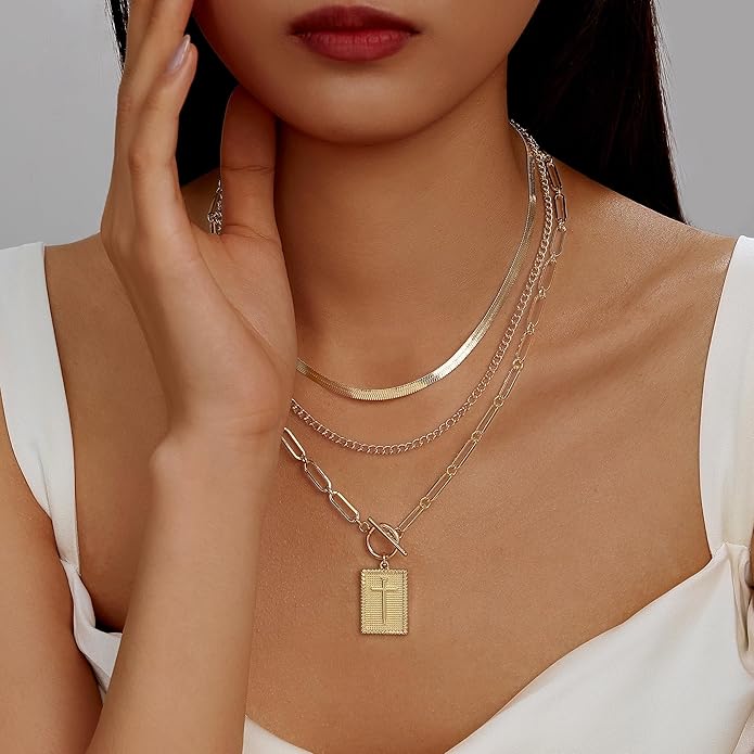 Evabelle Gold Layered Necklace for Women Trendy Jewelry 14K Real Gold Plated Chunky Chain Stackable Necklaces Dainty Choker Necklaces Rectangle Square Pendant