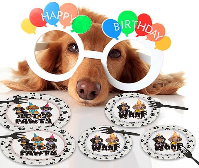96PCS Dog Plates and Napkins Party Supplies Dachshund Birthday Party Decorations Weiner Dog Decor Lets Pawty Dog Themed Disposable Tableware Set Serve 24 Guests