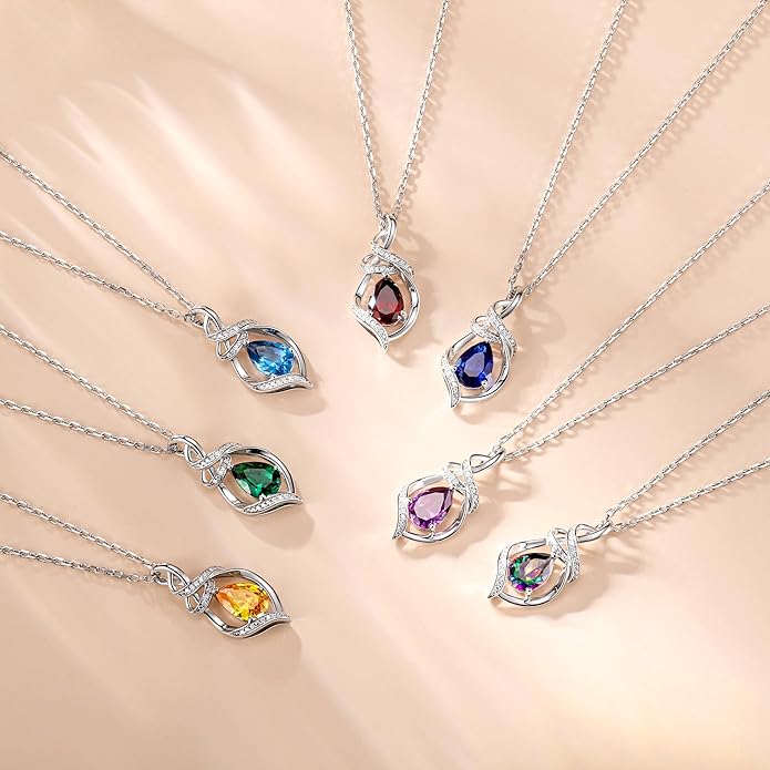 FANCIME Teardrop Gemstone Necklace for Women S925 Sterling Silver Elegant Ribbon Pendent Birthday Gifts for Her, 16"+2" Inches