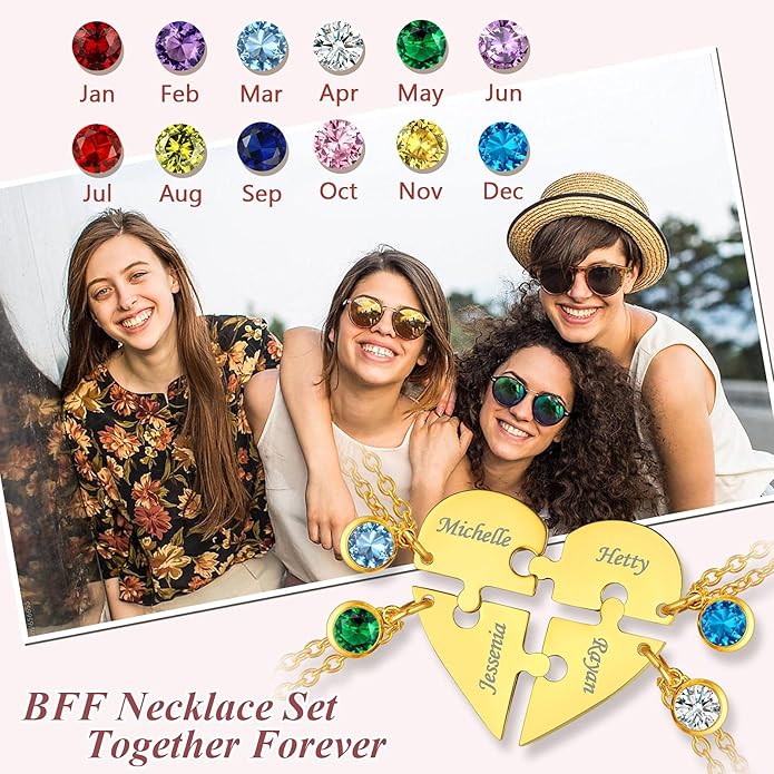 FindChic Personalized Matching BFF Necklace for 2/3/4/5/6 Puzzle Name Heart Pendant Stainless Steel Couple Necklace Set Customized Necklaces for Teen Girls