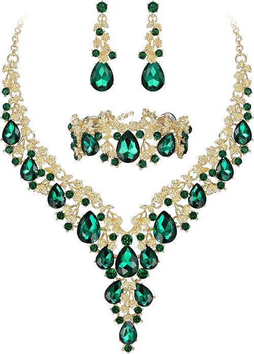 BriLove Women's Wedding Bridal Austrian Crystal Teardrop Flower Cluster Statement Necklace Dangle Earrings Jewelry Set for Party Prom