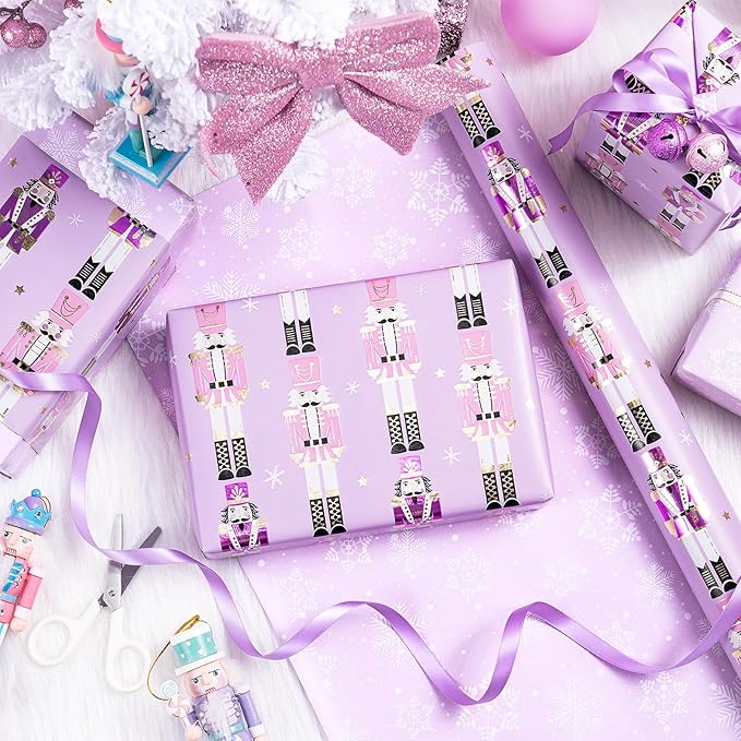 RUSPEPA Christmas Reversible Wrapping Paper Roll for Kids Girls, Mini Roll, Gold Foil Purple Nutcracker Soldier and Snowflakes Design, Ideal for Holiday Gifts, Christmas, 17 Inches x 32.8 Feet