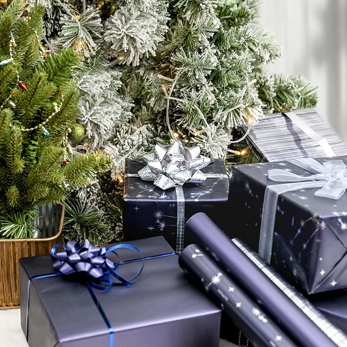 WRAPAHOLIC 30 Inch Navy Blue Wrapping Paper - Jumbo Roll Navy and Silver Constellation Wrapping Paper for Men, Birthday, Holiday, Father's Day, Baby Shower - 3 Rolls - 30 Inch x 120 Inch Per Roll