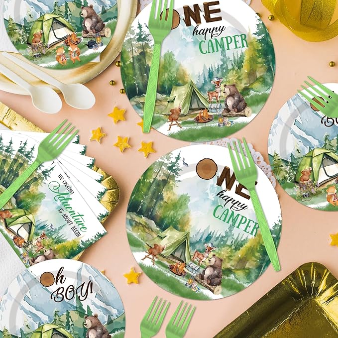 One Happy Camper Birthday Decorations - 96PCS One Happy Camper Plates and Napkins Party Supplies 1st Birthday Decorations Boy Adventure Camping Disposable Tableware Set Serve 24 Guests