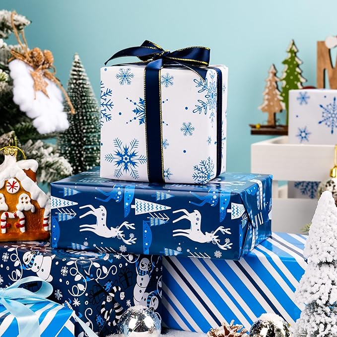 MAYPLUSS Christmas Wrapping Paper Jumbo Rolls - 30IN X 120IN - 4 Roll - Christmas Tree Reindeer Snowman Stripe for New Year Holiday Party Kids