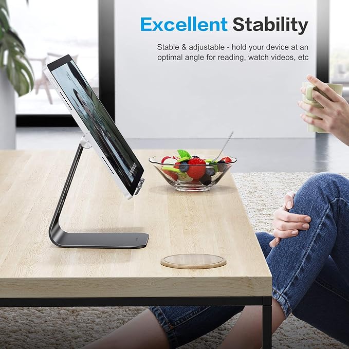 OMOTON Adjustable Tablet Stand for Desk, Upgraded Longer Arms for Greater Stability, T2 Tablet Holder with Hollow Design for Bigger Sized Phones and Tablets Such as iPad Pro/Air/Mini, Black