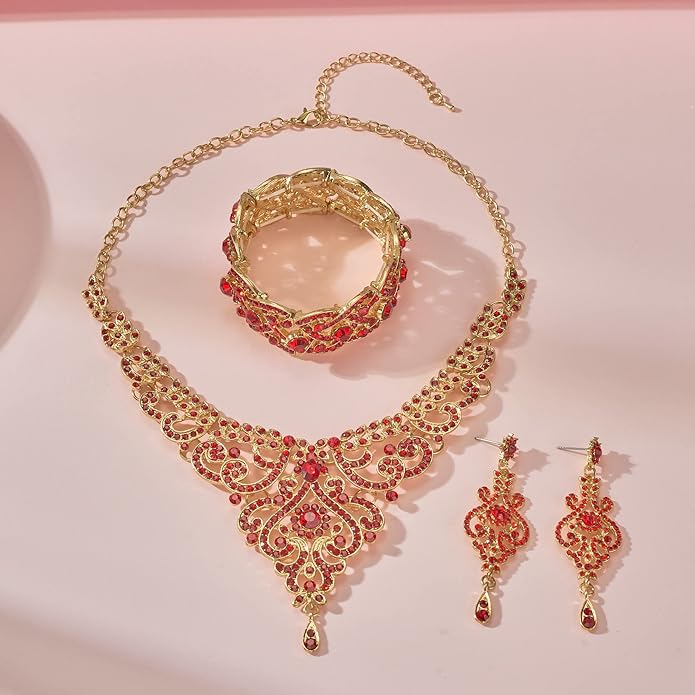 Silver Gold Plated Wedding Jewelry Sets Bridal Necklace Rhinestone Earrings Bracelets