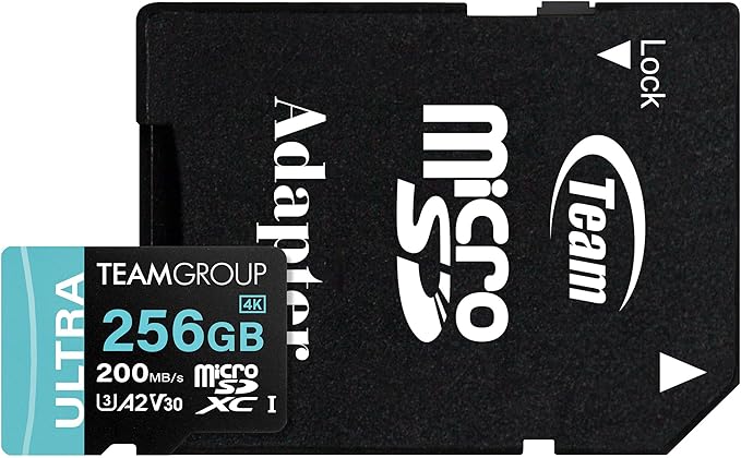 TEAMGROUP A2 Ultra Card 256GB Micro SDXC UHS-I U3 A2 V30, R/W up to 200/150 MB/s with Adapter TULMSDX256GIA2V3022503