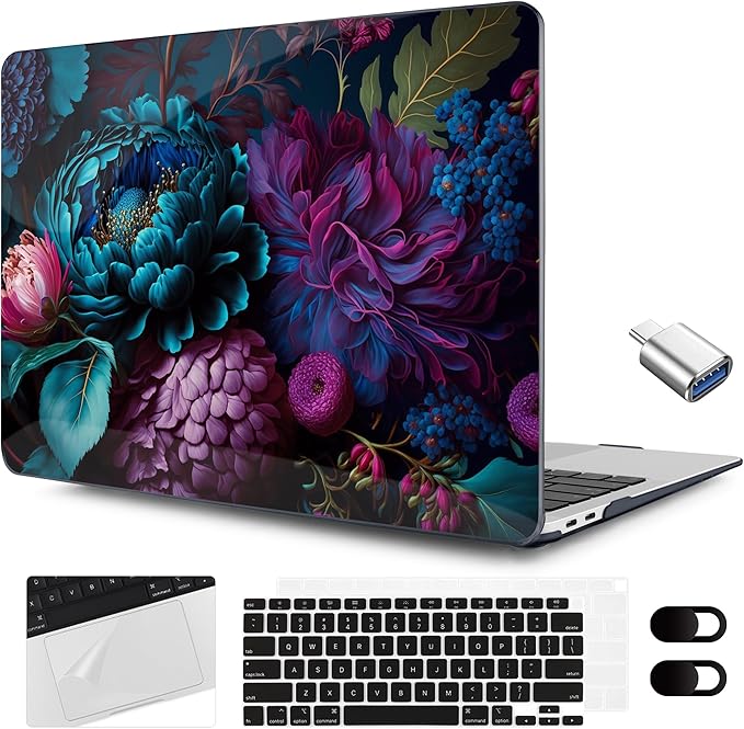MEEgoodo for MacBook Air 13.3 inch Case 2021 2020 2019 2018 A2337 M1 A2179 A1932, Hard Shell with Keyboard Webcam Cover & Trackpad Film & Type C Adapter for MacBook Air M1, Beautiful Fantasy Flower