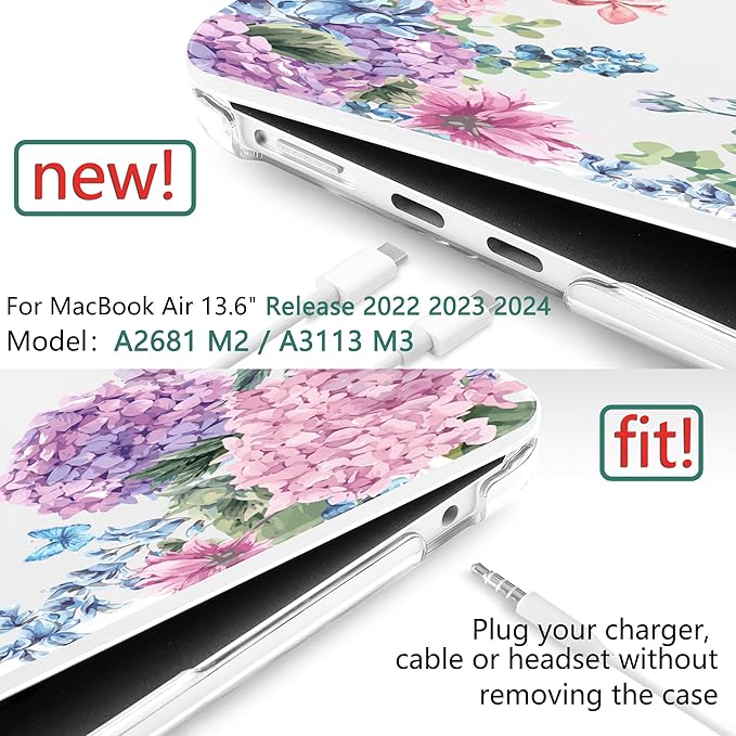 TWOLSKOO for M4 MacBook Air 13.6 inch Case 2025-2022 Release M4 A3240 M3 A3113 M2 A2681, Plastic Hard Shell & Screen Protector & Keyboard Cover & Trackpad Film, Colorful Hydrangea
