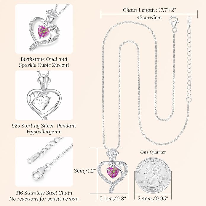 LOUISA SECRET Rose Flower Heart Birthstone Necklaces for Women, 925 Sterling Silver Fine Jewelry, Pendant Heart Necklaces Birthday Anniversary Christmas Gift for Women Wife Mom Girlfriend Lady