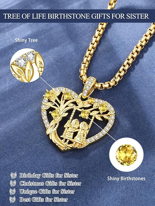 14K Gold Tree of Life Necklace for Sister Christmas Gifts from Sister,Heart Jewelry with Birthstone Pendant for Women Female Friendship Forever My Friend