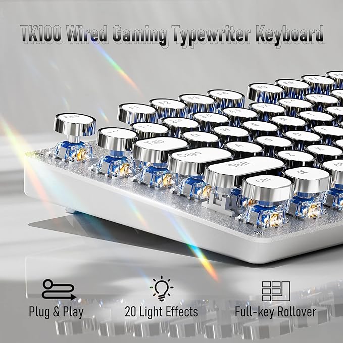 EWEADN TK100 Typewriter Style Wired Mechanical Keyboard, 104 Keys Aesthetic Typewriter Keyboard with White Backlit, Anti-Ghosting, Blue Switch Wired Cute Keyboards-White